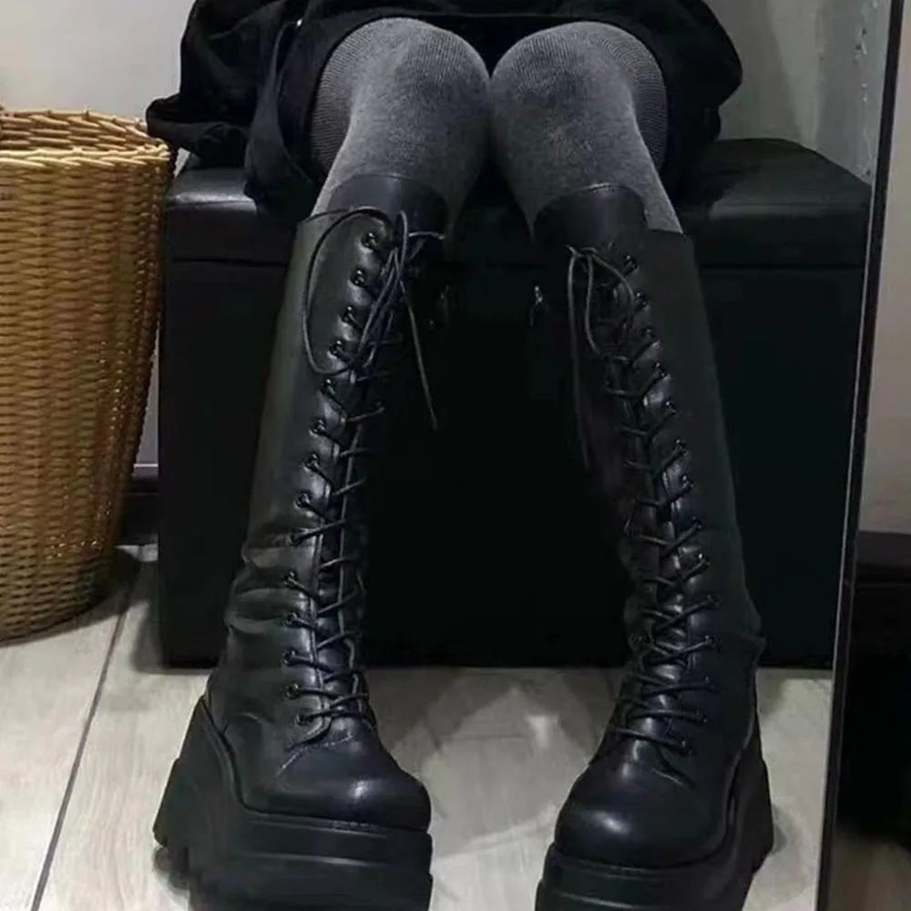 LBSFY -Black Gothic Fashion Round Toe Side Zipper Lace Up Women's Mid Calf Boots New INS Christmas Street Party Shoes Woman