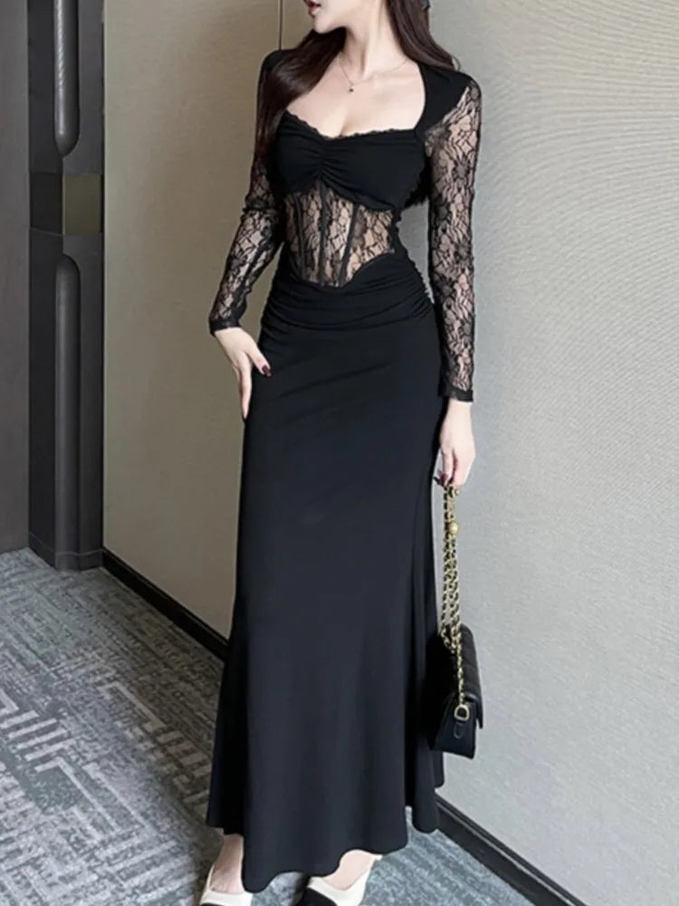 LBSFY -Sexy Splicing Lace Fishbone Dresses Women Elegant Patchwork Evening Party Dress Fashion Temperament Female Black Vestido Mujer