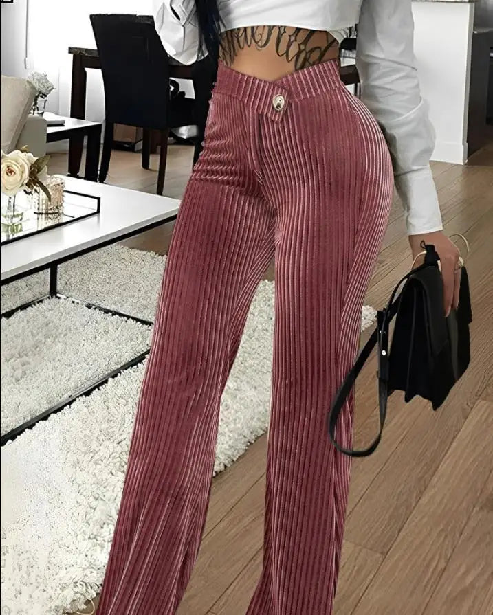 LBSFY  -  2024 Spring Summer New Women's Pants Clothing Solid Color Fashion Gold Velvet Striped Casual High Waist Trousers