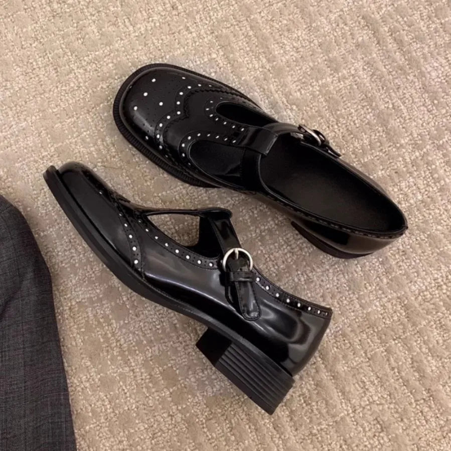 LBSFY  -  Mary Jane Shoes Women Black pu Leather Buckle Round Toe Low Heel Loafers Shoes