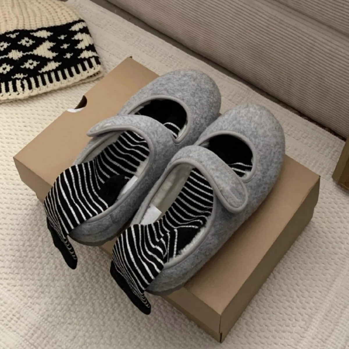 LBSFY  -  Genuine Leather Lamb Fur Bean Cotton Shoes for Women Wearing Winter with Plush Flat Bottom Cute Mary Jane Single Shoes