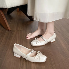 LBSFY -French Style Mary Jane Shoes Women's Evening Wind Butterfly Knot One Strap Ballet Flat Mid Heel Leather Casual Shoes