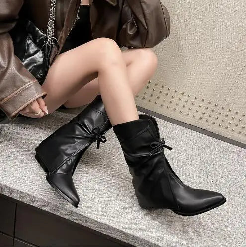 LBSFY  -  Fall Women Light Blue Denim Jeans Black Leather Patchwork Bow Tie Pointed Toe 6 CM Heels Slip On Mid-calf Pants Boots Shoes