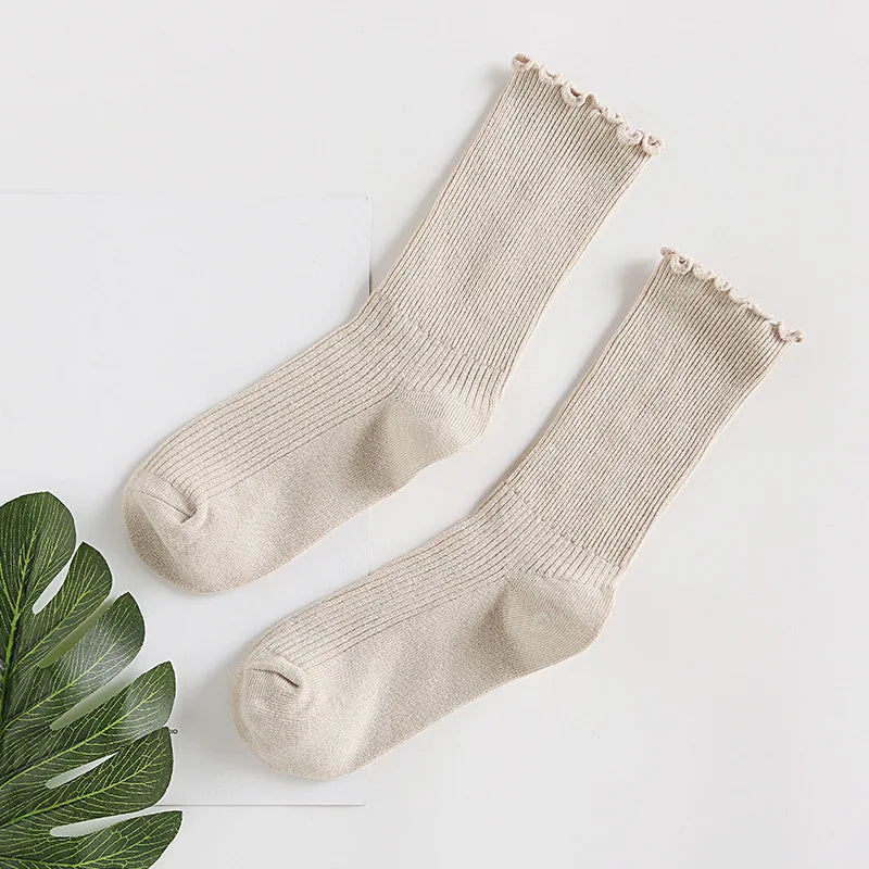 Lbsfy Japanese Retro Ruffled Cotton Socks Women Solid Color Ankle Boot Styling Harajuku Christmas Girlfriend Gift Pink Yellow Cute