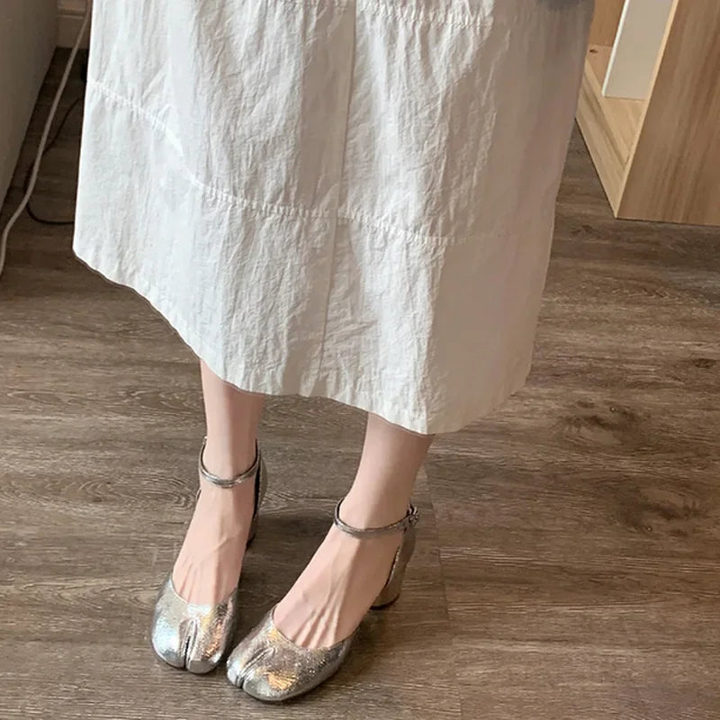 LBSFY  -  Mary Jane High Heels Women's New Thick Heels Silver Single Shoes Round Toe Shallow Toe Split Toe Pig Feet Shoes