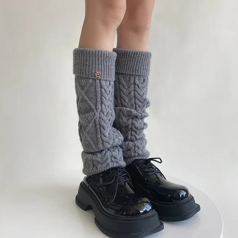 Lbsfy Korea Wool Knitted Leg Warmers Metal Label Women Calf Socks Vintage Winter Y2K Japanese Harajuku Pile Long Socks Leg Covers