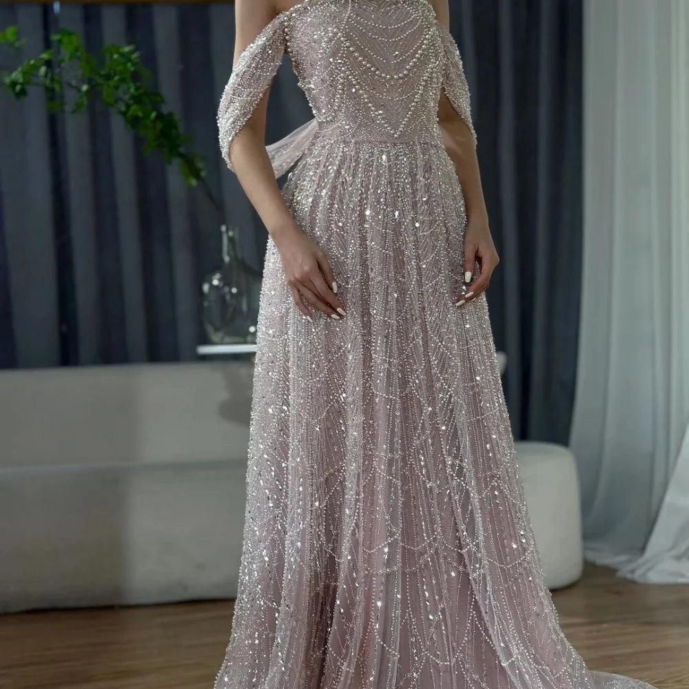 LBSFY  -Pink Beaded Glitter One Shoulder Wedding Dress A-line vestidos de noche Land-Length