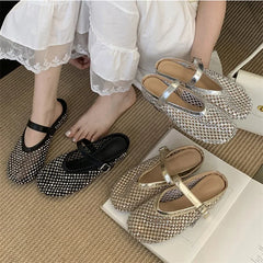 LBSFY -Mesh Hollow Out Buckle Strap Mules Slippers Women Fashion Elegant Round Toe Low Flat Heels Party Dress Shoes