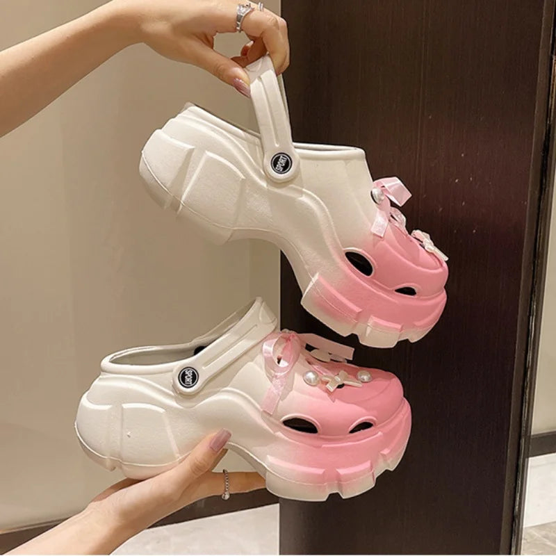 LBSFY  -  Cute Bow Gradient Women's Hole Shoes Summer Home Thick Soled Non-slip EVA Garden Shoes Outdoor Heels Beach Sandals Slippers