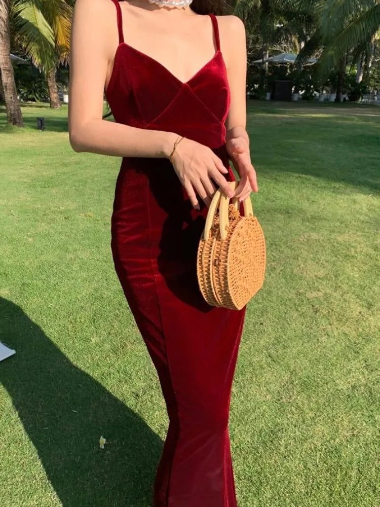LBSFY -Summer Vintage Sexy Club Prom Red V-neck Dresses Women Spaghetti Strap Slit Long Dress Beach Midi Elegant Dress Party Robe