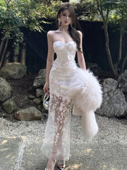 LBSFY -Sexy Floral Strapless Womens Dresses Mesh Patchwork Sleeveless Bodycon Evening Party Dress Elegant Gown Prom Formal Clothes New