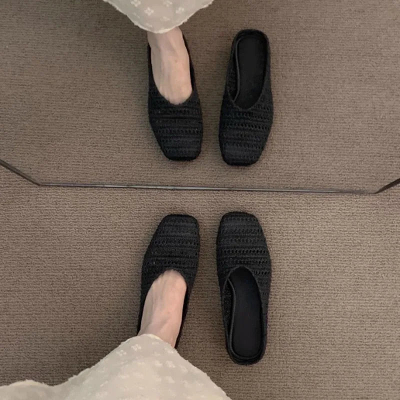LBSFY -Women Mules Slippers Female Summer Flats Sandals Knit Fabric Stretch Slides Holiday Beach Shoes Square Heel Square Toe Flat