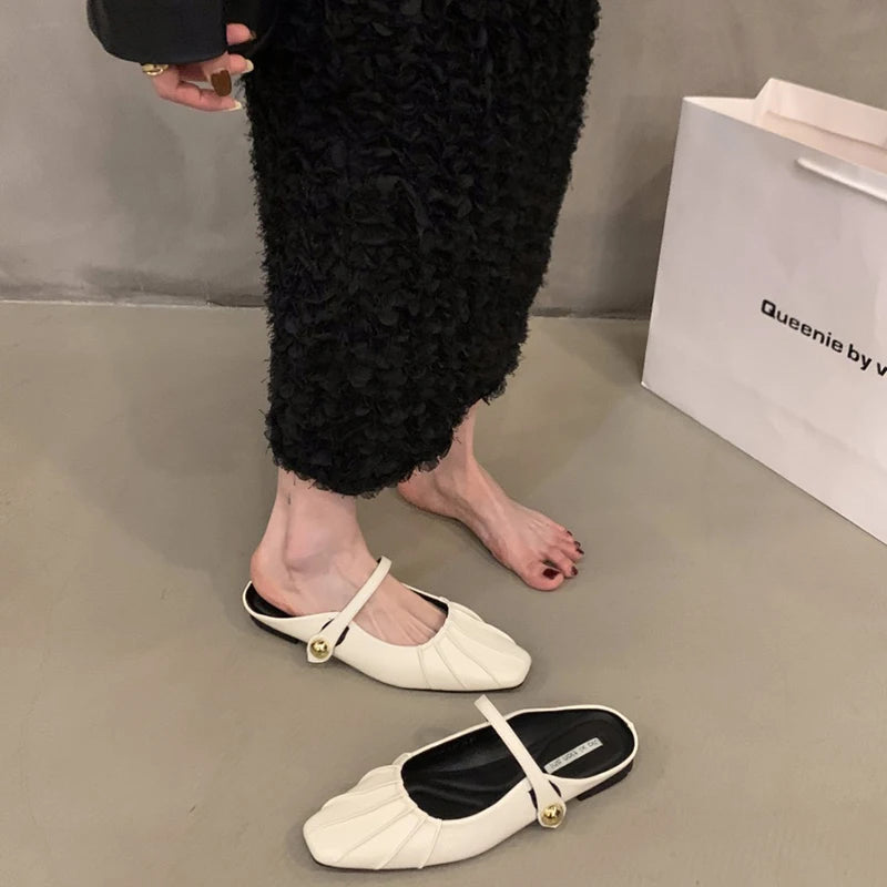 LBSFY  -  Summer Silvery Women Mules Slippers Fashion Elegant Slip On Singbacks Slides Shoes Ladies Comfort Square Toe Flats Sandalias