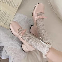 LBSFY -Women Chunky Heel Shoes New  Fashion Bowknot Strap Mid Heels Women Mary Jane Shoes Dress Shallow Mouth Ladies Ballet Shoes