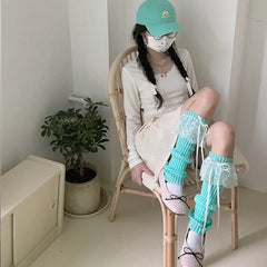 Lbsfy Japanese JK Lolita Girls Bow Streamer Leg Socks Knitted Lace Leg Cover Pile Socks Japanese Y2K Leg Warmers Accessories