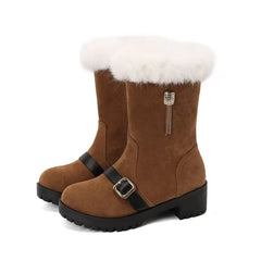 LBSFY  -  2024 New Round Headed Artificial Suede Short Plush Boots  Metal Buckles Decorative Side Zippers Winter Women's Ankle Boots 35-43