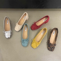 LBSFY -Fashion Elegant Red Ballerinas Women Pumps Slip on Loafers Round Toe Square Heels Bowknot Casual Spring Autumn Low Heel