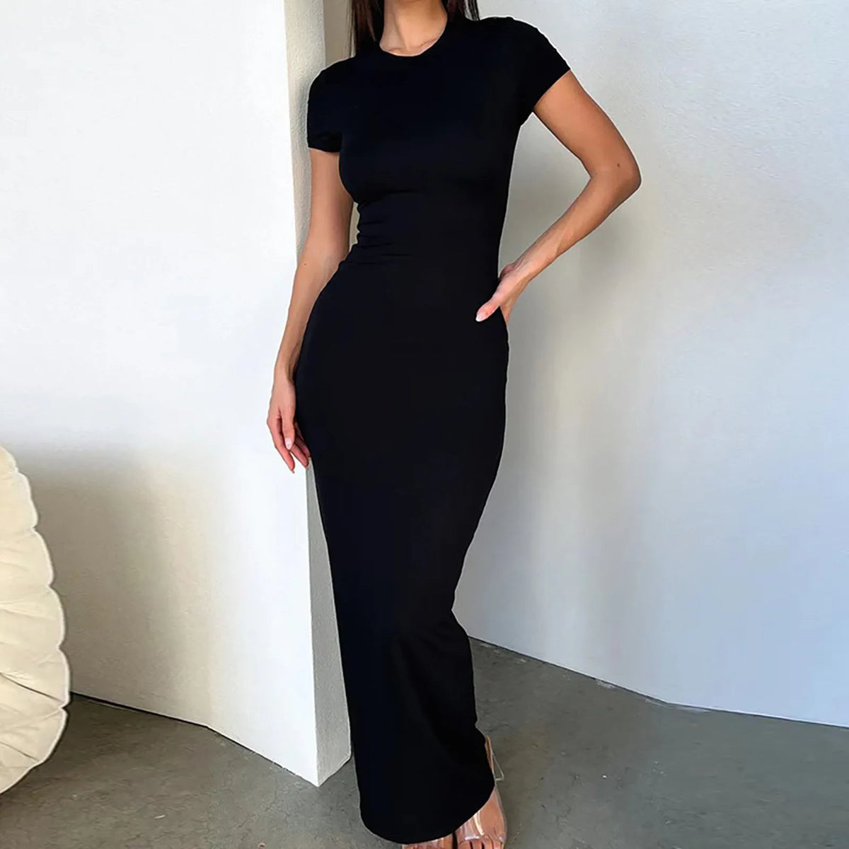 LBSFY  -  Solid Black White Skinny Long Dress Women's Summer Fashion Plain Bodycon Maxi Tshirt Dress Ladies Simple Casual Slim Dresses