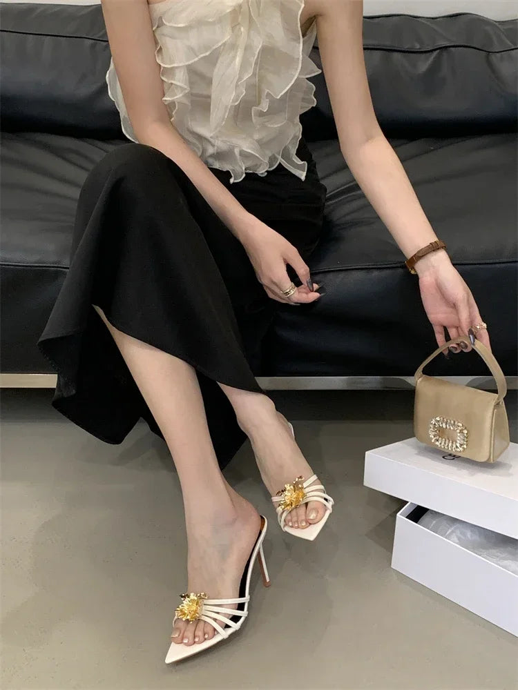 LBSFY -Summer Design Metal Flower Narrow Band Pointed Toe Women Slippers Thin Heels Party Prom Slide Shoes Zapatillas De Mujer