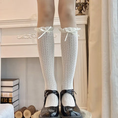 Lbsfy Japanese Retro Women Stockings Ruffle Long Socks Lolita Style White Lace Knee High Sock Sweet Girls Cute Bow Thigh High Stocking