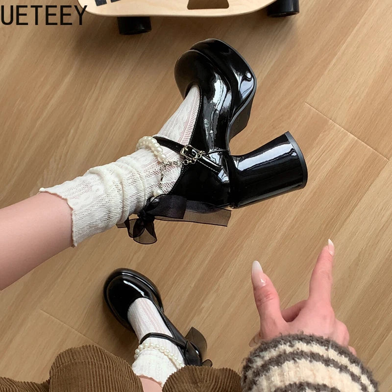 LBSFY  Platform Thick Heel Women Mary Jane Shoes Fashion Pearl Ankle Strap Shoes Ladies Elegant Stripper Party Pumps