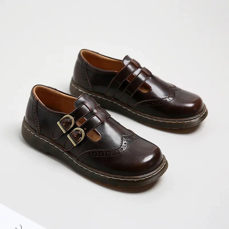LBSFY  -  Mary Jane Shoes Summer Thin Section Japanese Double Buckle   New Low-cut Flat Round Toe Small Leather Shoes Women