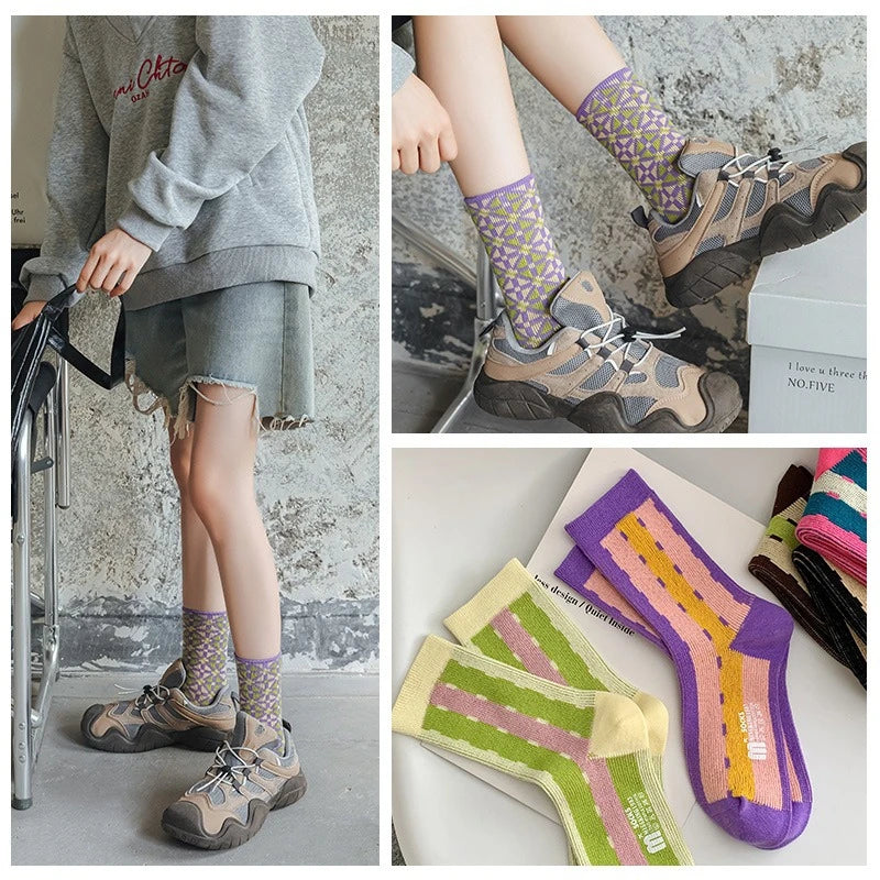 Lbsfy Winter Purple Series Socks for Women Fashion Double Needle Middle Tube Sock Commuter Trendy Geometric Socks Stripes Female Sox