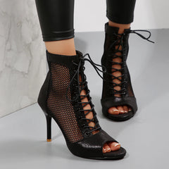 LBSFY -New Women Fashion Show Net Fabric Cross Strap Sexy High Heel Sandals Woman Shoes Pumps Lace-up Peep Toe Sandals Casual Mesh