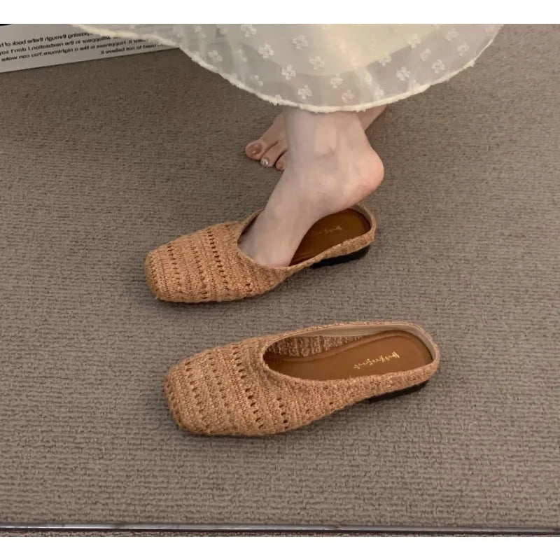 LBSFY -Weave Women Flats Slippers Elegant Shallow Mules Shoes Summer New Fashion Flip Flops 2025 Walking Cozy Soft Sandalias De Mujer