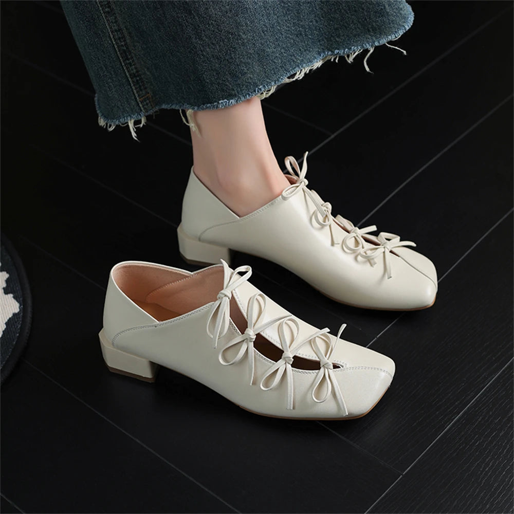 LBSFY  -  2025 Women Genuine Leather Square Toe Thick Heel Mature Sweet Dating Bowtie Party Wedding Shoes Woman Prom Pumps