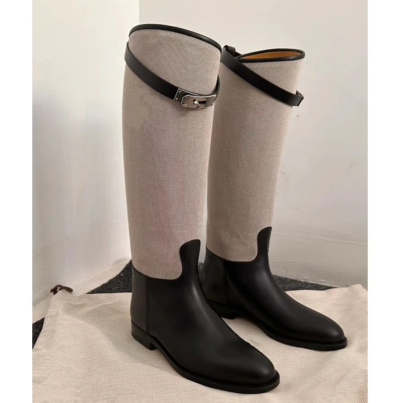 LBSFY  -  Metal Buckle Canvas Round Toe Botas Mujer Designer Winter Slip-On Mixed Colors Shoes for Women British Knee-High Knight Boots