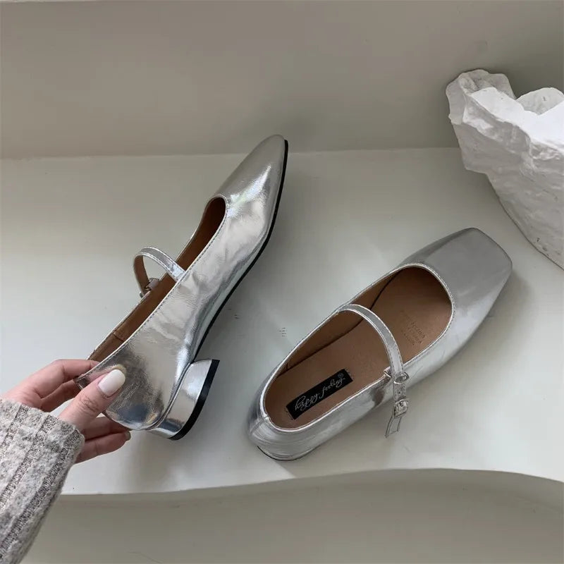 LBSFY  -  Silver Flats Ballet Shoes for Women Mary Janes Casual Shallow Slip on Pumps Sequare Toe Elegant Woman Heeled Shoes Loafers 2024