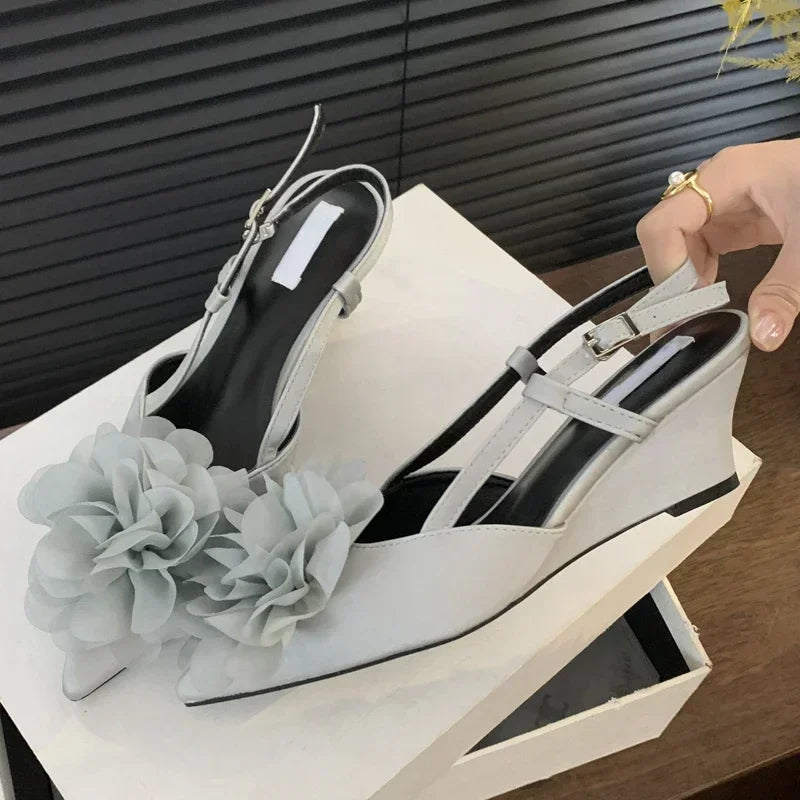 Lbsfy Luxury Designer Elegant Sandals Woman Summer Flower Buckle Strap Pumps Women Sexy Pointed Toe Wedge Heels Fashion Mule Shoe