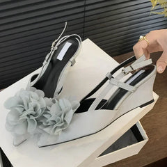 Lbsfy Luxury Designer Elegant Sandals Woman Summer Flower Buckle Strap Pumps Women Sexy Pointed Toe Wedge Heels Fashion Mule Shoe