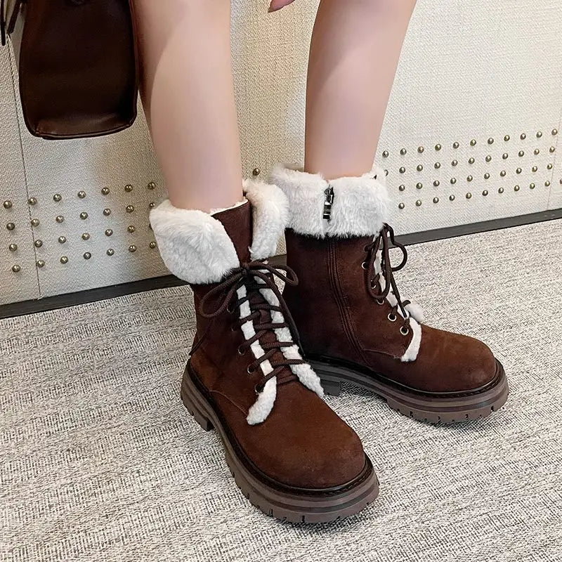 LBSFY  -  Cow Suede Leather Boots Women Lace Up Platform Thick Fur Warm Winter Snow Boots Ladies Fashion Ankle Boots Shoes