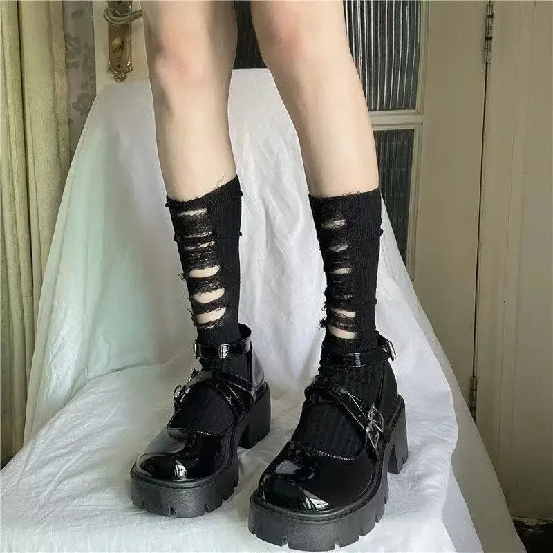 Lbsfy Gothic Ripped Mid Tube Socks Hand Cut Pile Pile Socks Knitted Socks Y2k Hot GirlWomen Punk Harajuku Clothing Accessories