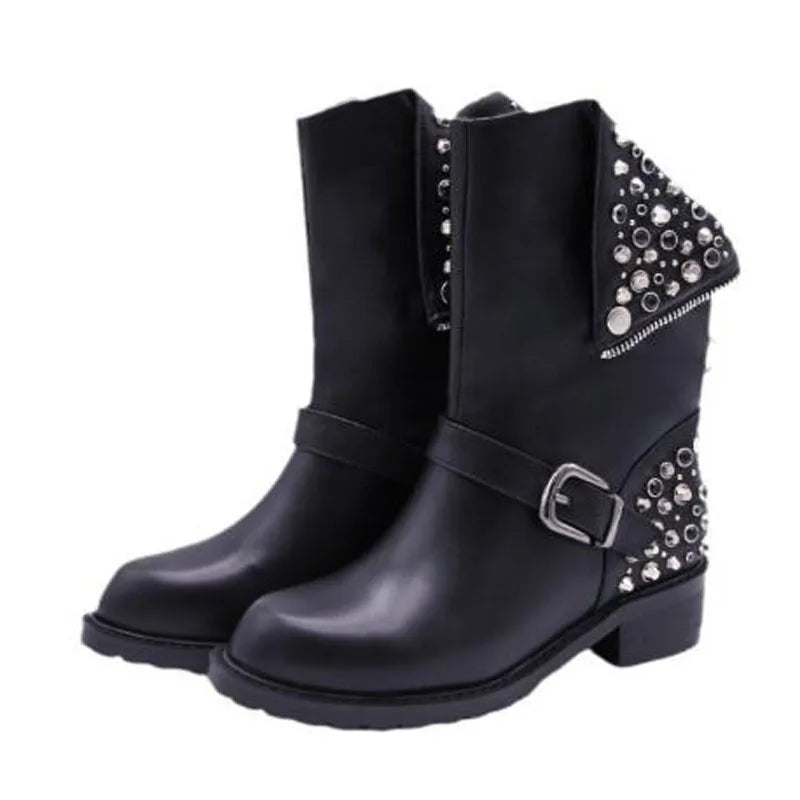 LBSFY  -  Punk Girls Black Matte Leather Round Toe Crystal Rhinestone Rivet Zipper Back Buckle Med Heels Mid-calf Boots Women Short Boots