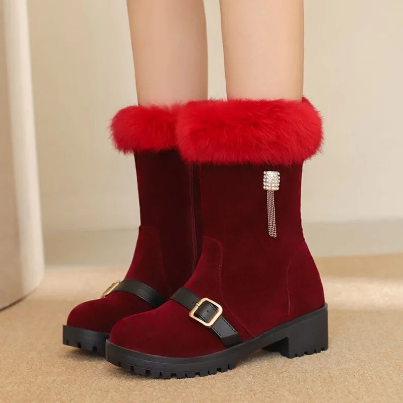 LBSFY  -  2024 New Round Headed Artificial Suede Short Plush Boots  Metal Buckles Decorative Side Zippers Winter Women's Ankle Boots 35-43