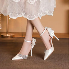 LBSFY  -  Size 30-44 Banquet Party Hollow High Heels Women White Wedding Shoes Rhinestone Flower Accessories Stiletto Heel Pointed Pumps