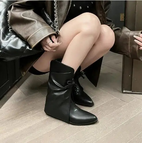 LBSFY  -  Fall Women Light Blue Denim Jeans Black Leather Patchwork Bow Tie Pointed Toe 6 CM Heels Slip On Mid-calf Pants Boots Shoes