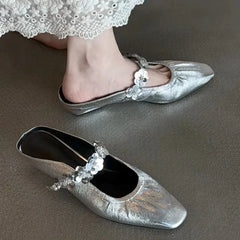 LBSFY -Bright Leather Flower Slip Slippers Summer New Square Toe Shallow Mouth Inside Heightened Pleated Wrapped Toe Sandals