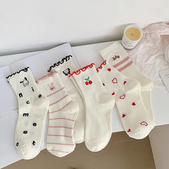 Lbsfy Women Socks Cotton Cute Rabbit Cherry Love Print Striped Ruffle Female Cartoon Animal Embroidery Stockings White Student Socks