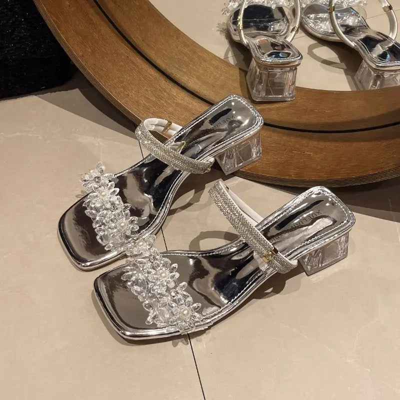 LBSFY -Ladies Shoes With Medium Heels Outdoor Rhinestones Women's Sandals Summer 2025 Asian Size Comfortable and Elegant Offers Sandal