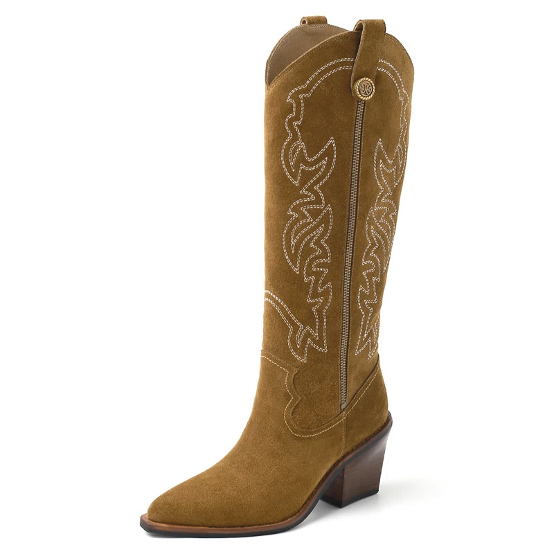LBSFY  -  Ins New Cow Suede Knee High Boots Women Embroidery Block High Heels Western Boots Brown Black Ladies Shoes Size 40