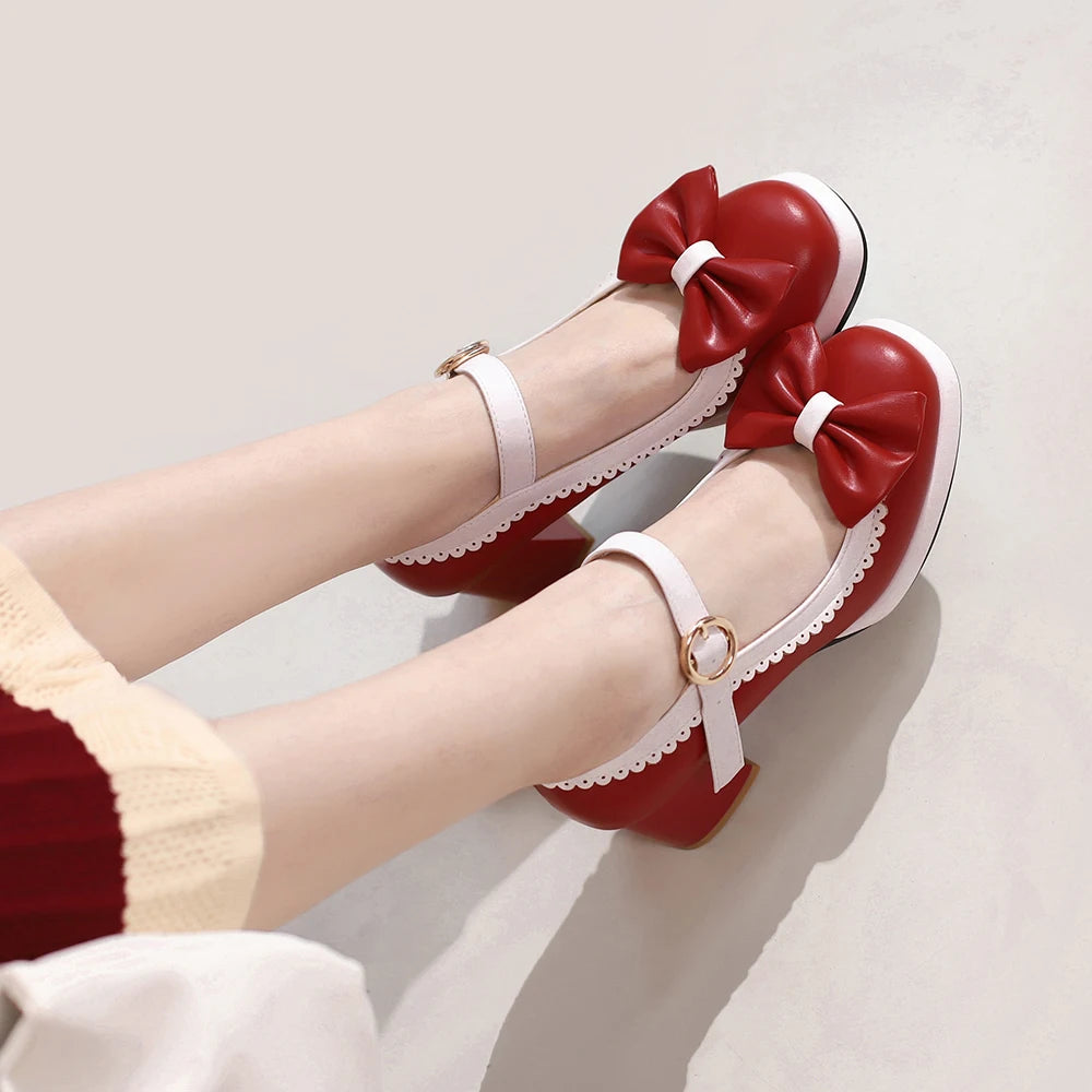 LBSFY  -  Girls Sweet Bow Moccasins Shoes Womens Lolita Mixed Colors Mary Janes Square Heels Ballet Pumps Bordered Shoe zapatillas mujer