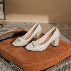 LBSFY  -  Size 31-43 Square Toe Chunky Heel High Heels Large Size Pearls Wedding Shoes Women Dress Shoes