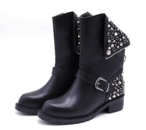 LBSFY  -  Punk Girls Black Matte Leather Round Toe Crystal Rhinestone Rivet Zipper Back Buckle Med Heels Mid-calf Boots Women Short Boots