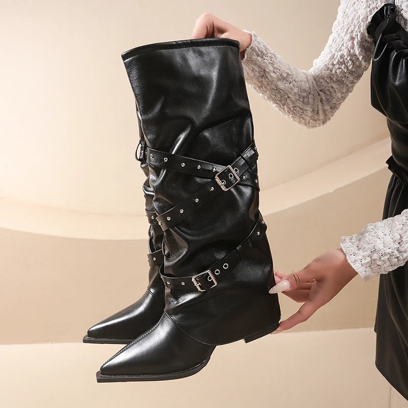 LBSFY -Designer Women's Boots Spring Cosy Pointed Toe Woman Shoes  Fashion Sexy Knee-High Boots for Women Belt Buckle Thick Heel Boots