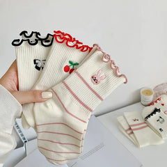 Lbsfy Women Socks Cotton Cute Rabbit Cherry Love Print Striped Ruffle Female Cartoon Animal Embroidery Stockings White Student Socks