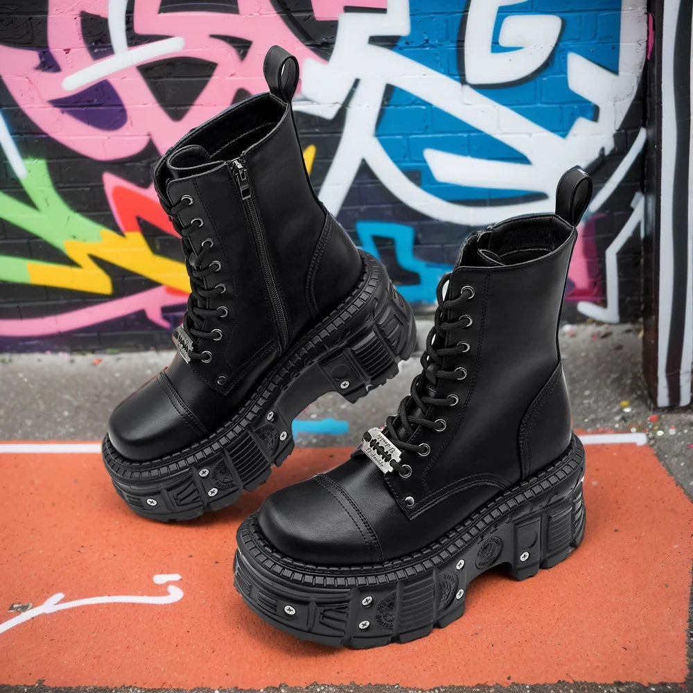 LBSFY  -  Y2K Bratz 2024 Punk Women Platform Ankle Boots Rock Round Toe Lace Up Fashion Retro Chunky Shoes Metal Decor Short Boots